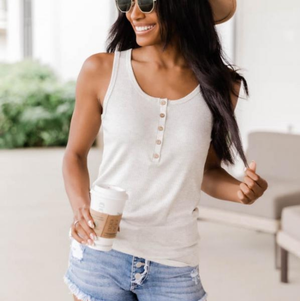 Pink Lily Grand Appreciation Light Grey Ribbed Henley Tank